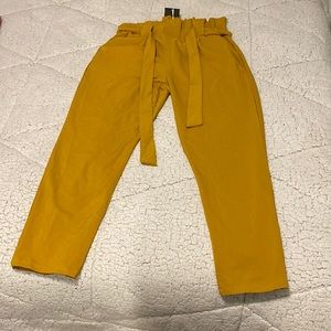 Mustard yellow paper bag waist belted pants